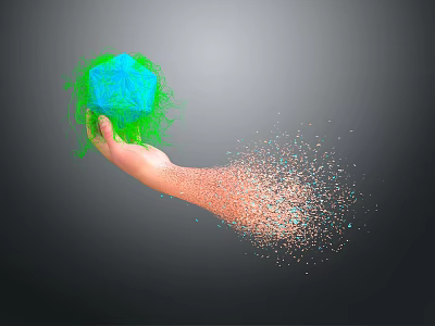 Man hand holding green polyhedron with orange particles splashing around 3d model Man hand holding green polyhedron with orange particles splashing around 3d model