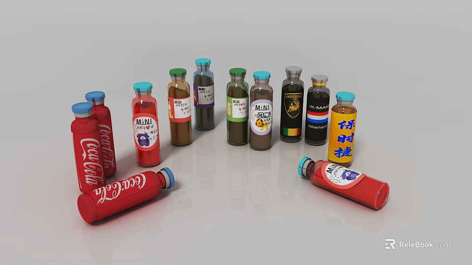 Assorted Bottles With Coca Cola Milo And Colorful Label Designs On 3d model 