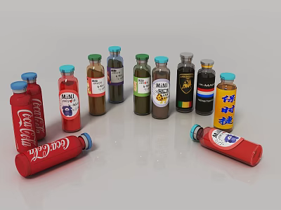 Assorted Bottles With Coca Cola Milo And Colorful Label Designs On 3d model