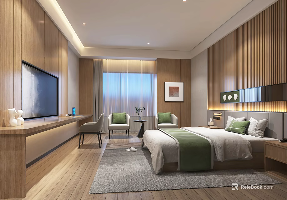 Modern Hotel Room With Wooden Walls Floors King Bed Green Bedding And Window Chairs 3d model 