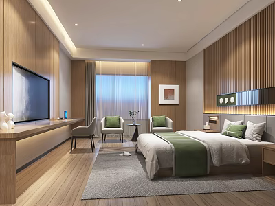 Modern Hotel Room With Wooden Walls Floors King Bed Green Bedding And Window Chairs 3d model