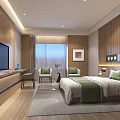 Modern Hotel Room With Wooden Walls Floors King Bed Green Bedding And Window Chairs