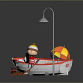 Small Wooden Boat With Cartoon Character Orange Yellow Umbrella Street Lamp And Oars