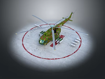 Military Green Camouflage Helicopter Parked On the Ground With Red Circular Marking 3d model