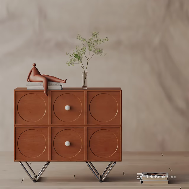 Brown Nightstand with Circular Panels and White Knobs Topped with Sculpture Books Green Plant Vase 3d model 