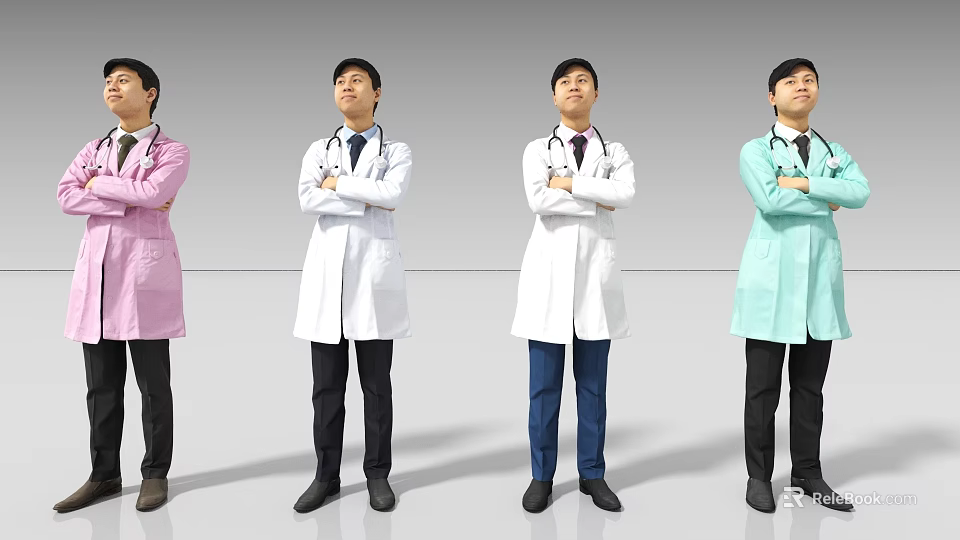 Four Men In Different Colored Doctor Coats Standing With Arms Crossed 3d model 