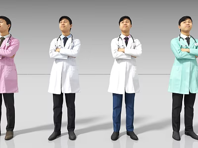 Four Men In Different Colored Doctor Coats Standing With Arms Crossed 3d model
