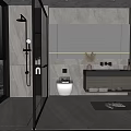 Modern Bathroom Interior With Glass Shower Marble Walls Large Mirror Vanity And Wall Mounted Toilet