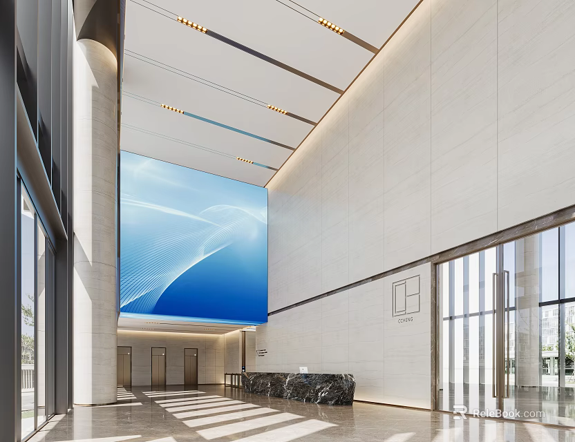 Modern Front Desk Reception Lobby With Marble Counter Backdrop Wall And Lighting 3d model