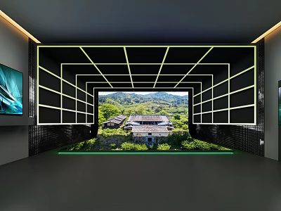 Modern Interior Space With Black Frame White Lines Tunnel Structure And Natural Landscape View 3d model