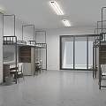 Modern Dormitory Interior With Bunk Beds Study Desks And Large Windows 3d model