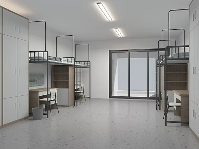 Modern Dormitory Interior With Bunk Beds Study Desks And Large Windows 3d model