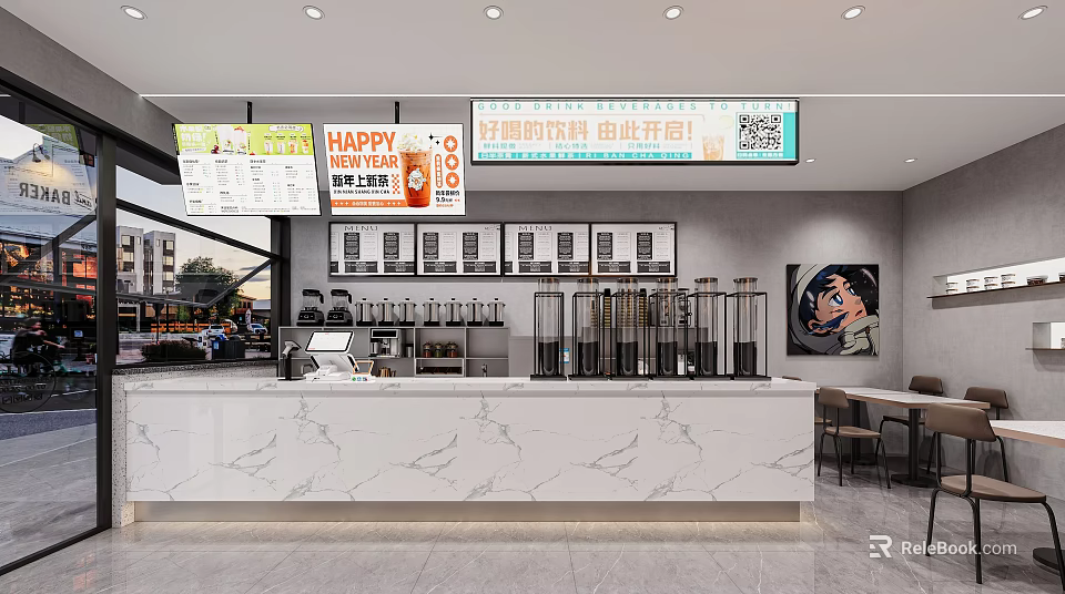 Bubble Tea Shop Interior With Marble Counter Menu Boards And Drink Display Cabinets 3d model 