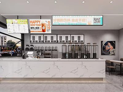Bubble Tea Shop Interior With Marble Counter Menu Boards And Drink Display Cabinets 3d model