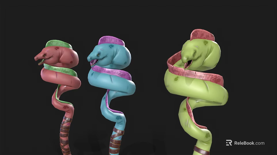 Colorful Aquatic Animals With Pink Blue Green Spiral Shaped Twisted Bodies On Dark Background 3d model 