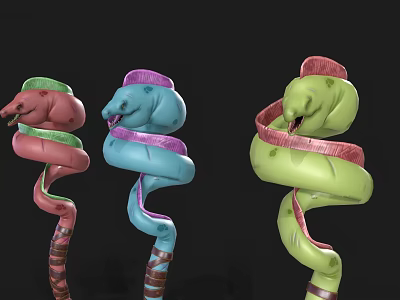 Colorful Aquatic Animals With Pink Blue Green Spiral Shaped Twisted Bodies On Dark Background 3d model