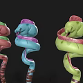 Colorful Aquatic Animals With Pink Blue Green Spiral Shaped Twisted Bodies On Dark Background