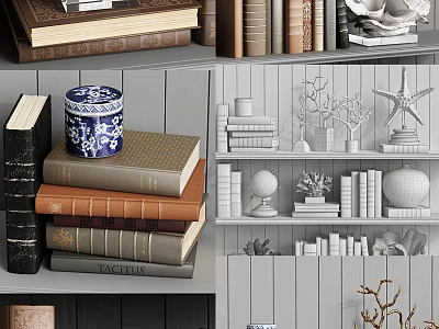 Decorative Ornament Set with Stacked Books Blue White Jar and Wooden Bookshelf Decor 3d model
