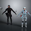 Futuristic Game Movie Characters In Tactical Black And Gray Uniforms With Gear Accessories