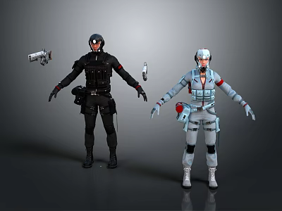 Futuristic Game Movie Characters In Tactical Black And Gray Uniforms With Gear Accessories 3d model