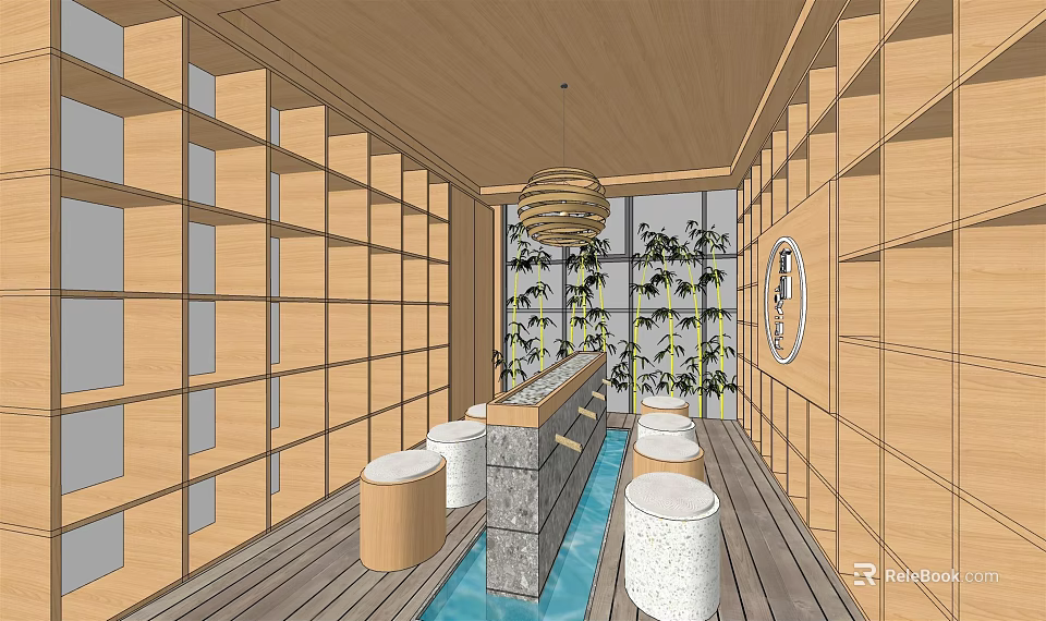 SPA Sauna Interior With Wooden Walls Ceiling Water Pool Round Stools Hanging Lamp And Plants 3d model 