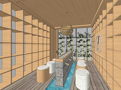 SPA Sauna Interior With Wooden Walls Ceiling Water Pool Round Stools Hanging Lamp And Plants 3d model