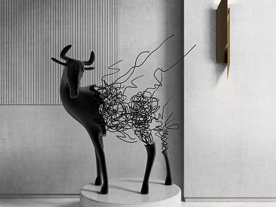 Black Deer Sculpture Featuring Wire-Wrapped Design On White Pedestal With Gray Wall 3d model