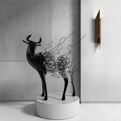 Black Deer Sculpture Featuring Wire-Wrapped Design On White Pedestal With Gray Wall 3d model