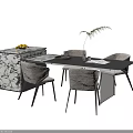 Modern Dining Table Set With Beige Chairs Marble Cabinet And Decorative Plants Fruits