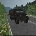 Military Trucks In A Convoy Driving On The Highway With Mountains And Trees