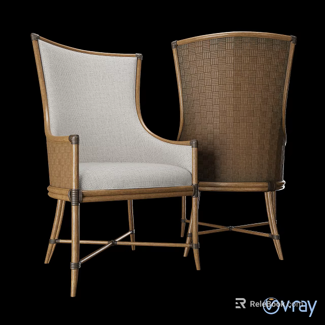 Stylish Leisure Chair With Rattan Back Upholstered Seat Wooden Frame And Metal Accents 3d model 