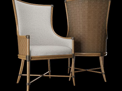Stylish Leisure Chair With Rattan Back Upholstered Seat Wooden Frame And Metal Accents 3d model