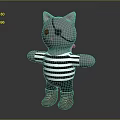 Cute Plush Cat Doll With Pink Ears Eye Patch Striped Shirt Black Pants Brown Shoes