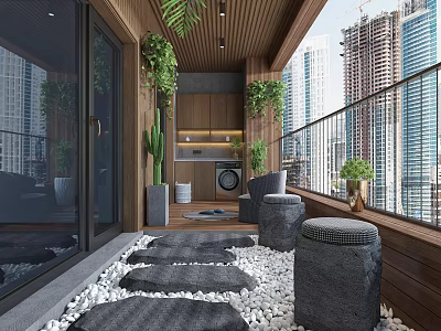 Modern Villa Balcony Design With Outdoor Seating Green Plants Pebble Pathway And City Skyline 3d model