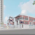 Red and White Multi Story School Building with Fence Near Trees Under Blue Sky