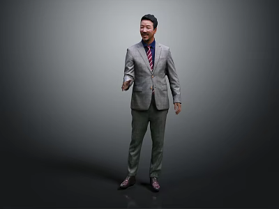Man In Gray Suit With Red Tie Standing Against Gray Background Smiling Wearing Leather Shoes 3d model