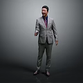 Man In Gray Suit With Red Tie Standing Against Gray Background Smiling Wearing Leather Shoes