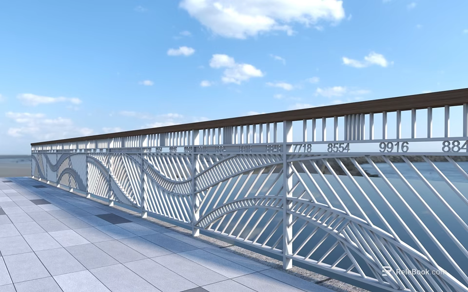 Outdoor White Wave Patterned Railing With Wooden Handrail And Stone Tile Floor 3d model 