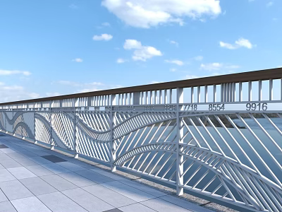 Outdoor White Wave Patterned Railing With Wooden Handrail And Stone Tile Floor 3d model
