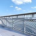Outdoor White Wave Patterned Railing With Wooden Handrail And Stone Tile Floor