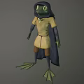 Anthropomorphic Frog Character With Large Eyes In Yellow Outfit Blue Cloak And Webbed Feet