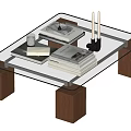 Contemporary Glass Top Coffee Table With Walnut Wooden Legs Stacked Books And Decorative Candles