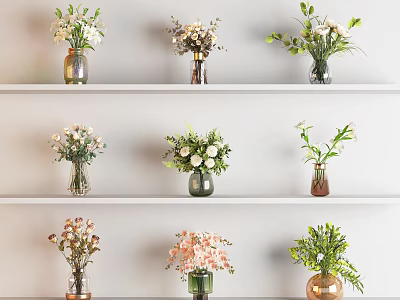 Beautiful Home Flower Arrangements in Different Vases on White Shelves 3d model