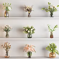 Beautiful Home Flower Arrangements in Different Vases on White Shelves
