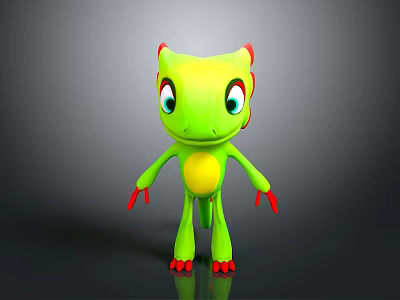 3D Friendly Green Creature Cartoon Character Design With Yellow Belly Red Paws Big Eyes Standing 3d model