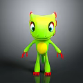 3D Friendly Green Creature Cartoon Character Design With Yellow Belly Red Paws Big Eyes Standing