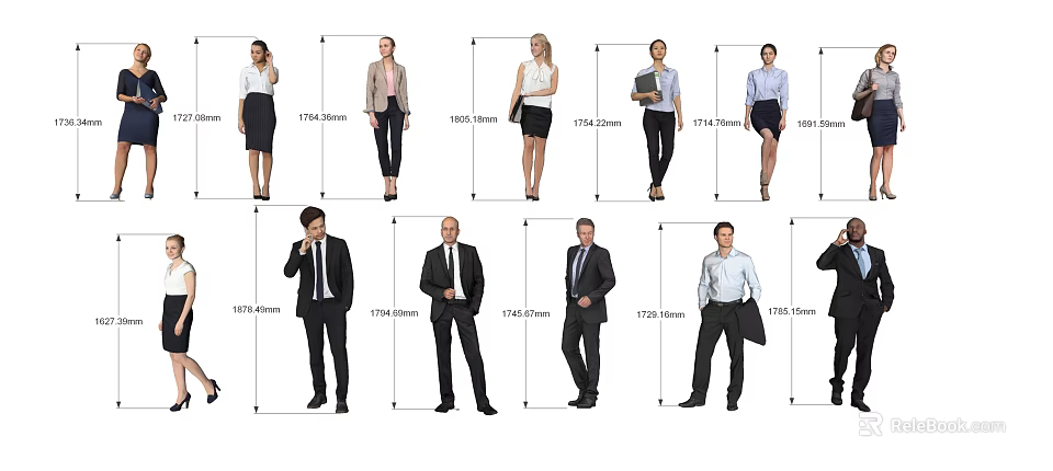 Group of Business People in Formal Attire with Various Height Measurements 3d model 