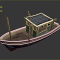 Wooden Boat With Blue Roof Small Cabin White And Blue Stripes And Wooden Pole