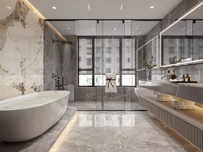 Modern Luxurious Bathroom Interior With Freestanding Bathtub Glass Shower And Double Sink Marble Vanity 3d model