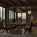 Modern Cozy Living Dining Room With Large Panoramic Lake View Windows Comfortable Furniture And Fireplace